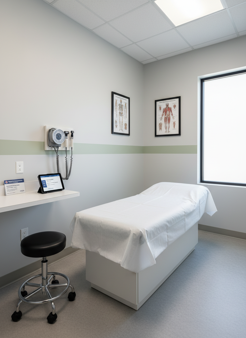 A neat medical examination room designed for immigration and CDL physicals, featuring a spotless white exam table with crisp disposable paper, a stainless-steel rolling stool, and a wall-mounted diagnostic station with blood pressure cuff, otoscope, and thermometer organized in perfect alignment. On the counter, a neatly stacked set of I-693 immigration forms and a laminated FMCSA medical certificate sit beside a digital tablet displaying an appointment confirmation screen. The environment is a modern clinic interior with light gray walls, framed anatomical diagrams, and a subtle green accent. Soft, diffused overhead lighting and daylight from a frosted window create an evenly lit, calm and professional atmosphere. Captured at eye level with photographic realism, the composition uses a moderate depth of field, keeping all clinical details sharp to convey efficiency, cleanliness, and trustworthiness.