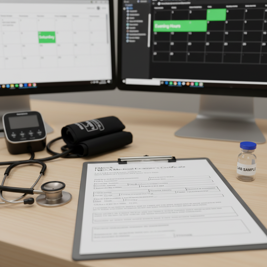 A clean, close-up tabletop scene in a modern medical office, showing a neatly arranged stack of I-693 immigration medical forms clipped on a sleek silver clipboard, beside a FMCSA Medical Examiner’s Certificate form partially filled out in precise handwriting. A high-quality digital stethoscope, a calibrated blood pressure cuff, and a small, clearly labeled vial for lab samples rest nearby on a smooth, light wood desk. Behind them, a computer monitor displays a calendar with highlighted evening and Saturday availability. Soft, neutral overhead lighting creates gentle reflections without glare, enhancing a professional, organized mood. Shot from a slightly elevated angle with photographic realism and shallow depth of field, the forms and instruments are in crisp focus while the background gently blurs, emphasizing convenience and attention to detail for walk-in physicals.