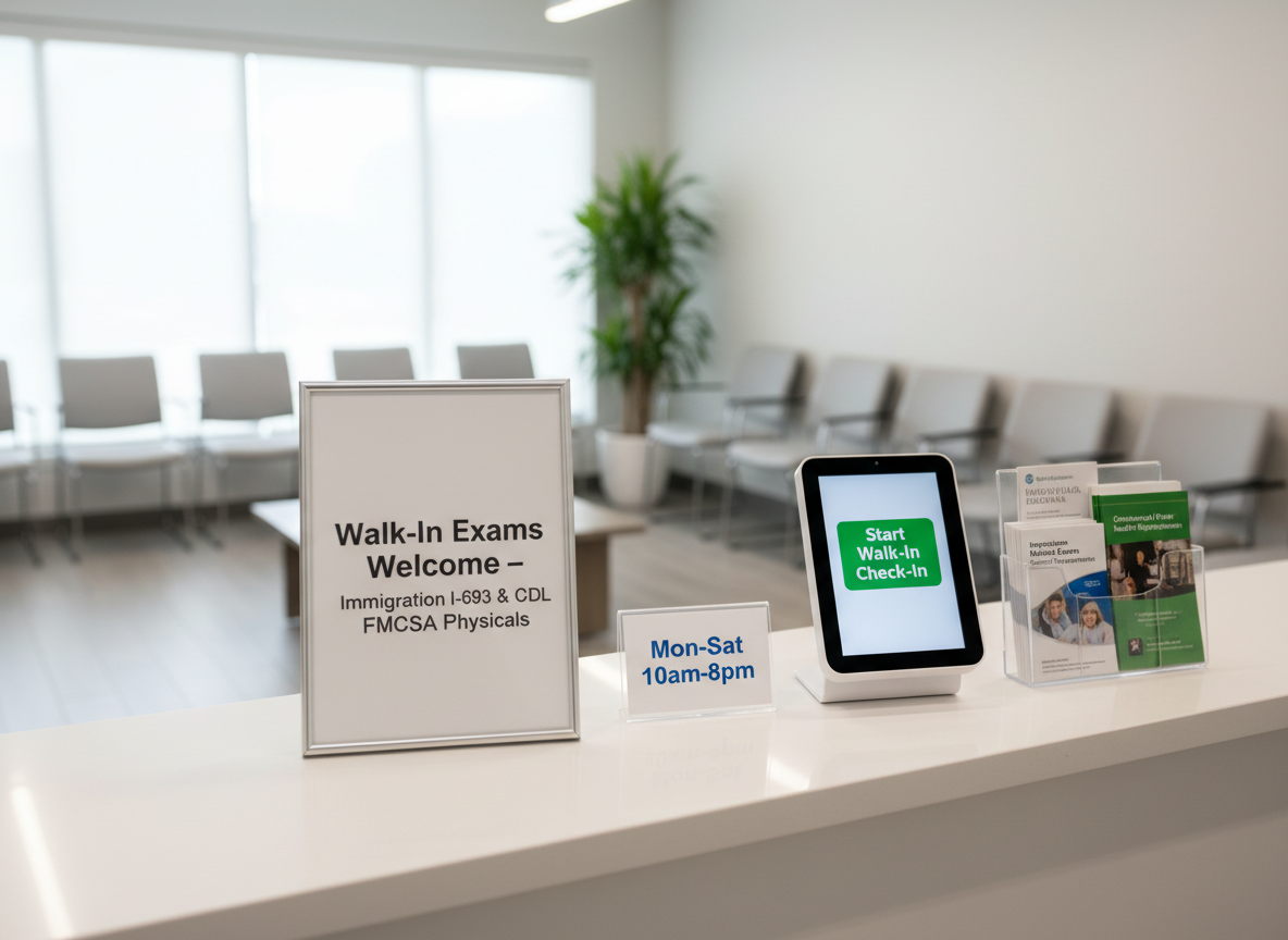 A reception desk in a contemporary medical clinic optimized for walk-in physicals, featuring a smooth white counter with a slim, silver-framed sign that reads “Walk-In Exams Welcome – Immigration I‑693 & CDL FMCSA Physicals” in clear, modern typography. A small acrylic stand displays laminated operating hours: “Mon–Sat 10am–8pm,” and a compact digital check-in kiosk with a glowing touch screen shows a simple “Start Walk-In Check-In” button. Neatly stacked brochures about immigration medical exams and commercial driver health requirements sit in a low-profile holder. The background reveals an organized seating area with comfortable, wipeable chairs and a subtle plant, softly blurred. Bright, diffused overhead lighting and a hint of daylight from side windows create a clean, welcoming mood. Photographic realism with an eye-level composition underscores efficiency, accessibility, and professionalism.
