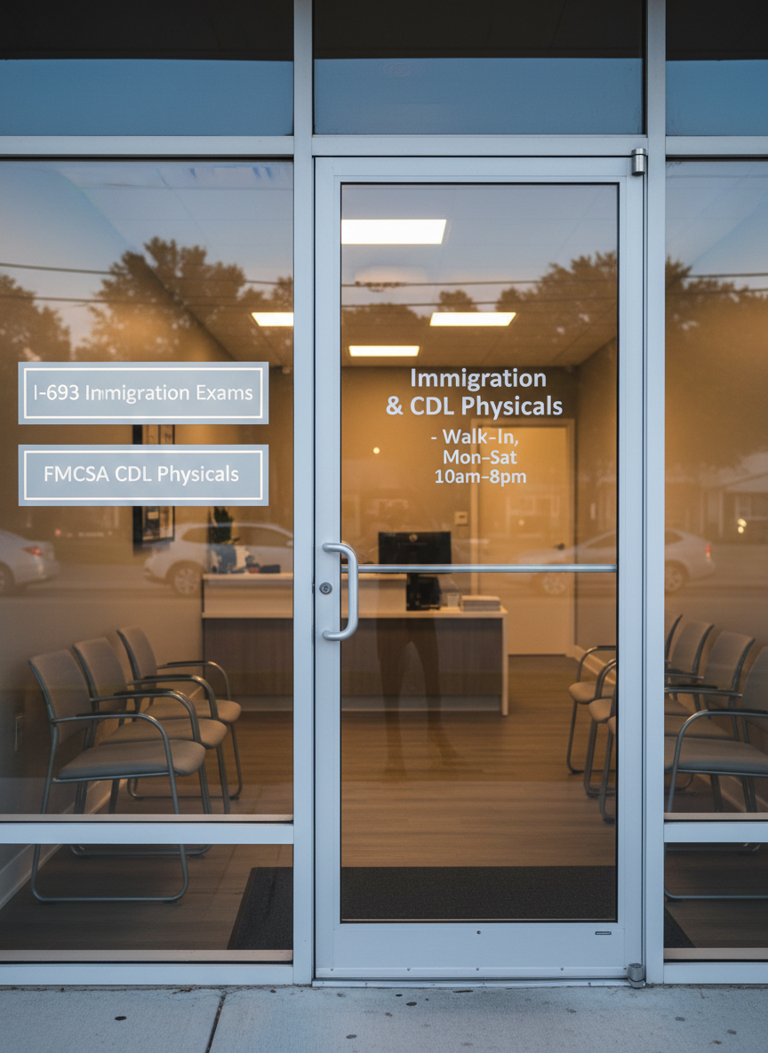 The exterior entrance of a small, modern medical clinic in Mamaroneck, NY, captured at dusk with a clear sky transitioning to deep blue. A glass door with a brushed metal handle displays professionally printed vinyl lettering: “Immigration & CDL Physicals – Walk-In, Mon–Sat 10am–8pm.” Next to the door, a subtle illuminated sign lists “I‑693 Immigration Exams” and “FMCSA CDL Physicals” in clean typography. Warm interior light spills through the glass, revealing a tidy reception desk and rows of neatly arranged chairs in the background. A few parked vehicles and a tree-lined suburban street are softly out of focus. Photographic realism at eye level, with balanced exposure that captures both the soft exterior evening light and the warm, inviting interior glow, conveying accessibility and reliability into the evening hours.